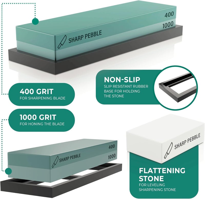 Sharp Pebble Premium Whetstone Knife Sharpening Stone 2 Side Grit 400/1000 Wetstone Kit -Wetstone Kitchen Knife Sharpener with Flattening Stone & NonSlip Rubber Base - Image 3